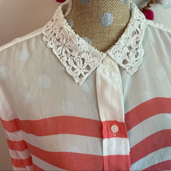 LC Lace Peterpan Collar Horizontal Coral Stripe Button Long sleeve XL Blouse - Picture 3 of 9